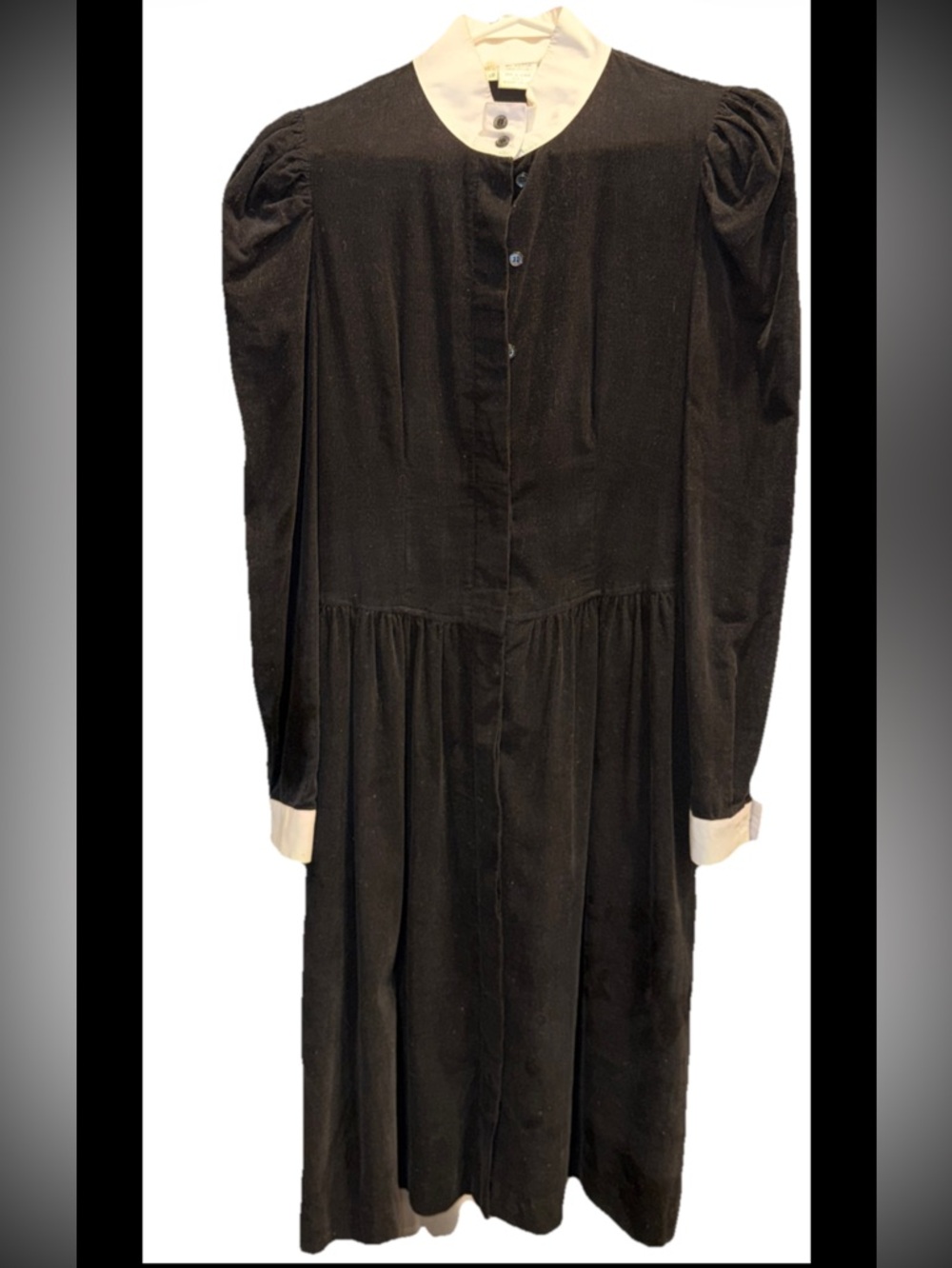 Vintage BLACK Corduroy Button Up  DRESS white Collar/Cuff Long Puff Sleeve 11/12